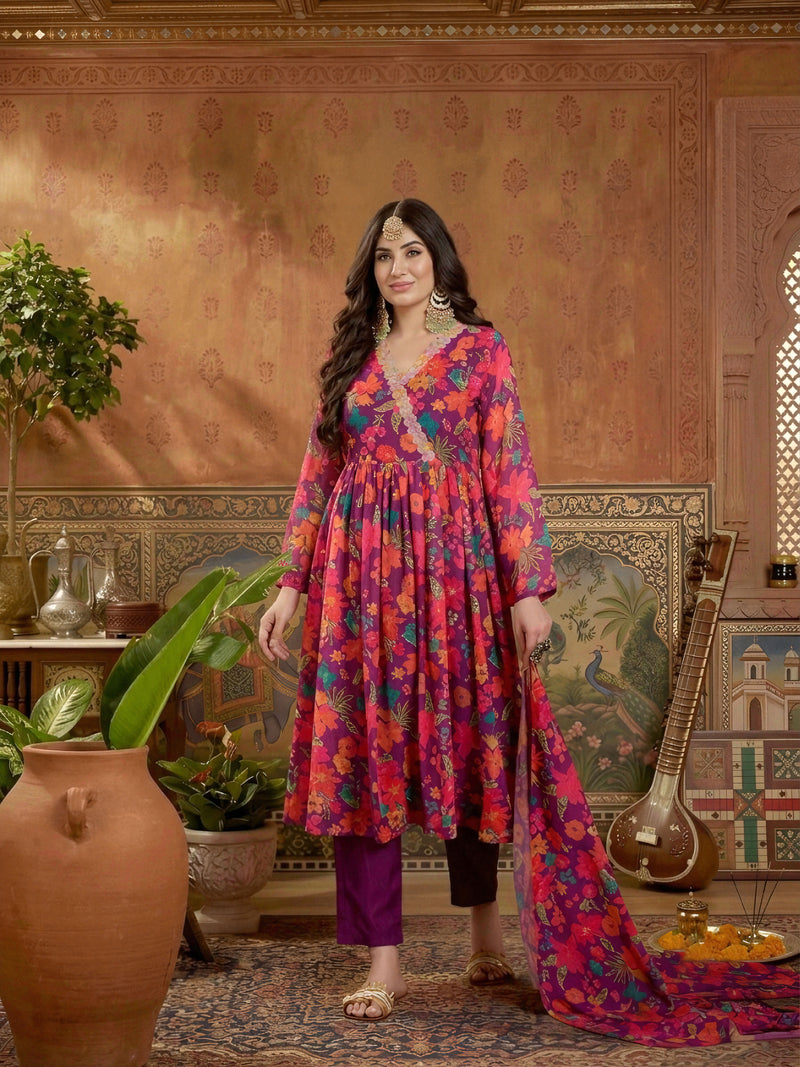 Stylum Women's Purple Floral Printed Aari Work Muslin Flared Kurta Pant Dupatta Set (KPDPURPLESANGAM)