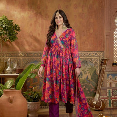 Stylum Women's Purple Floral Printed Aari Work Muslin Flared Kurta Pant Dupatta Set (KPDPURPLESANGAM)