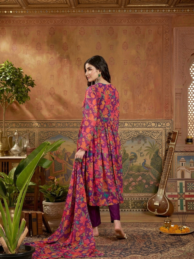 Stylum Women's Purple Floral Printed Aari Work Muslin Flared Kurta Pant Dupatta Set (KPDPURPLESANGAM)