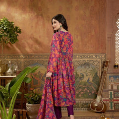 Stylum Women's Purple Floral Printed Aari Work Muslin Flared Kurta Pant Dupatta Set (KPDPURPLESANGAM)