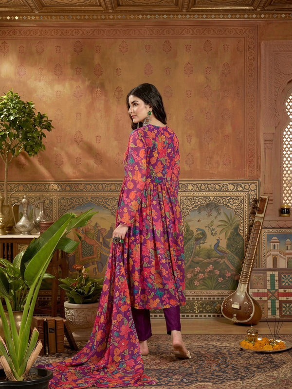 Stylum Women's Purple Floral Printed Aari Work Muslin Flared Kurta Pant Dupatta Set (KPDPURPLESANGAM)
