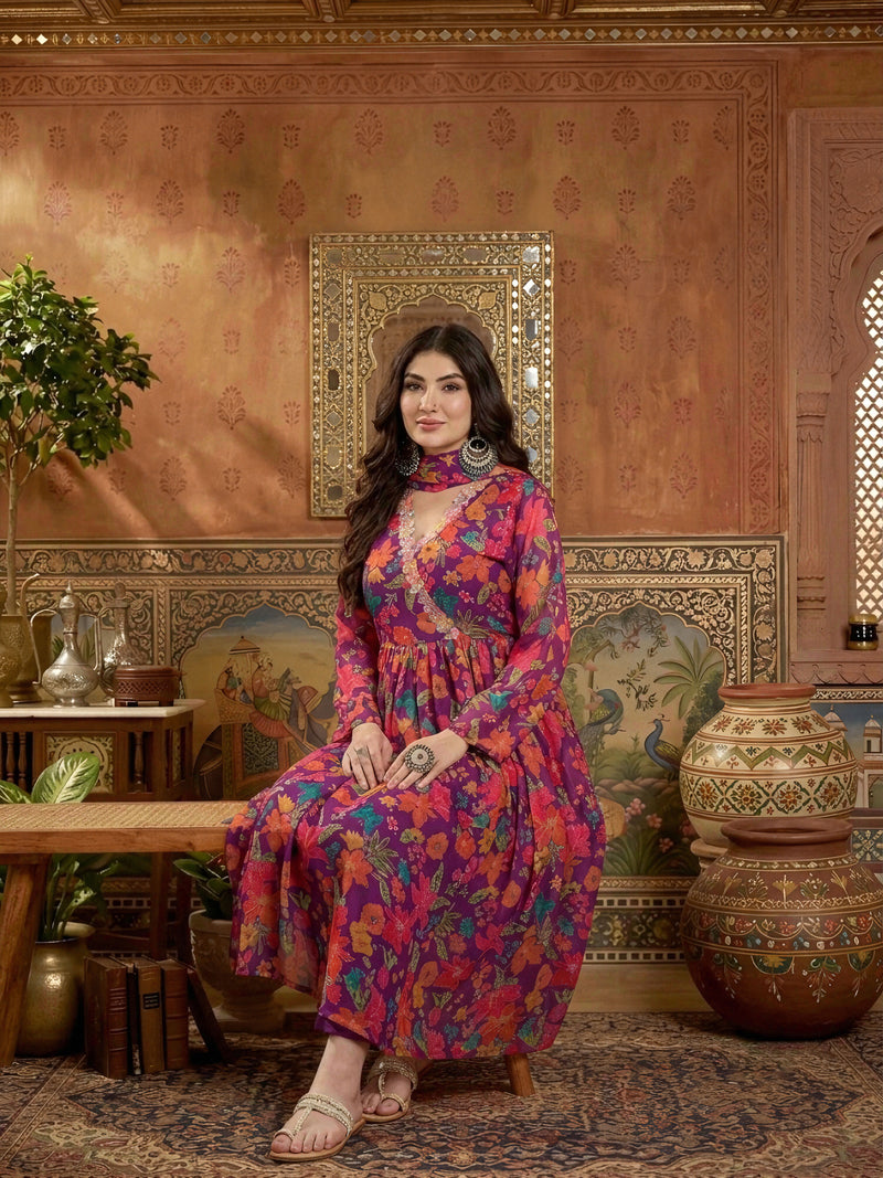Stylum Women's Purple Floral Printed Aari Work Muslin Flared Kurta Pant Dupatta Set (KPDPURPLESANGAM)