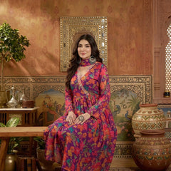 Stylum Women's Purple Floral Printed Aari Work Muslin Flared Kurta Pant Dupatta Set (KPDPURPLESANGAM)