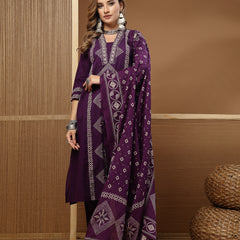 Stylum Women's Purple Bandhej Printed Cotton Straight Kurta Pant Dupatta Set (KPDPURPLESOKER)