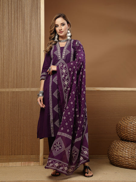 Stylum Women's Purple Bandhej Printed Cotton Straight Kurta Pant Dupatta Set (KPDPURPLESOKER)