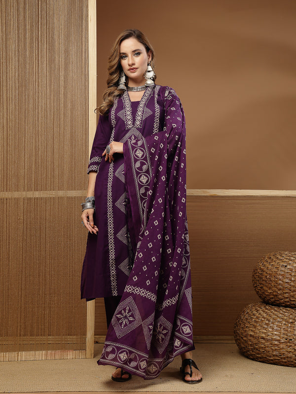 Stylum Women's Purple Bandhej Printed Cotton Straight Kurta Pant Dupatta Set (KPDPURPLESOKER)