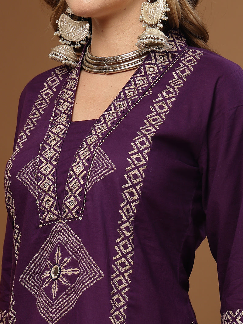 Stylum Women's Purple Bandhej Printed Cotton Straight Kurta Pant Dupatta Set (KPDPURPLESOKER)