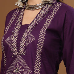 Stylum Women's Purple Bandhej Printed Cotton Straight Kurta Pant Dupatta Set (KPDPURPLESOKER)