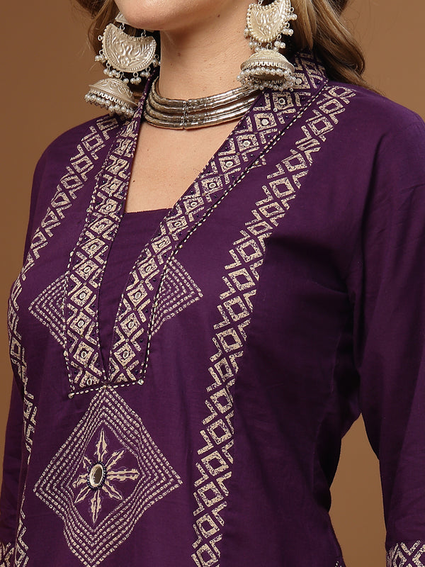 Stylum Women's Purple Bandhej Printed Cotton Straight Kurta Pant Dupatta Set (KPDPURPLESOKER)