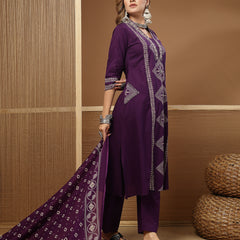 Stylum Women's Purple Bandhej Printed Cotton Straight Kurta Pant Dupatta Set (KPDPURPLESOKER)