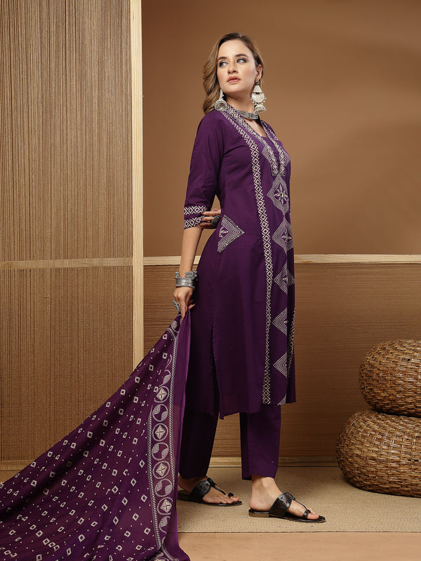 Stylum Women's Purple Bandhej Printed Cotton Straight Kurta Pant Dupatta Set (KPDPURPLESOKER)