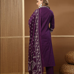 Stylum Women's Purple Bandhej Printed Cotton Straight Kurta Pant Dupatta Set (KPDPURPLESOKER)