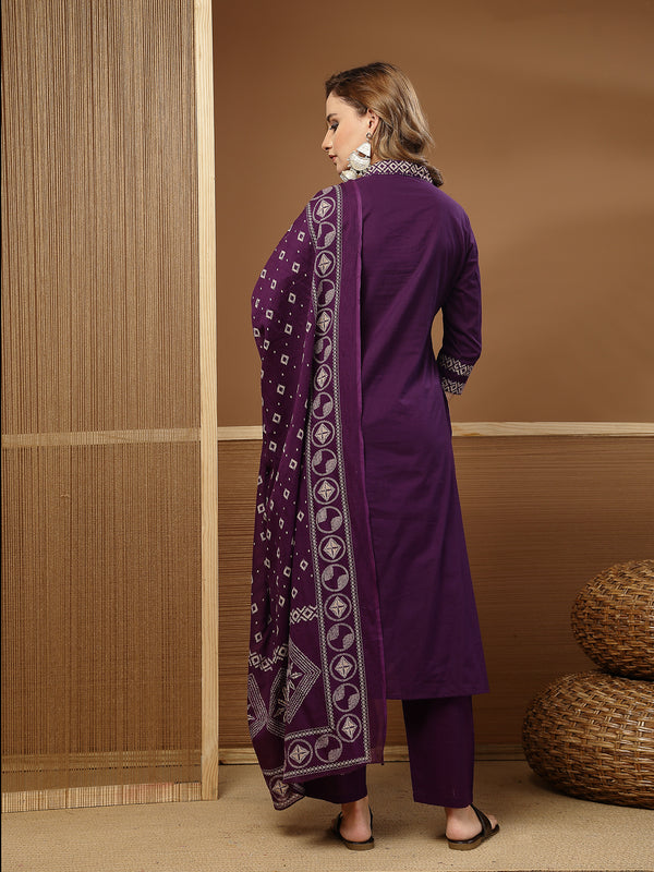 Stylum Women's Purple Bandhej Printed Cotton Straight Kurta Pant Dupatta Set (KPDPURPLESOKER)