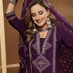 Stylum Women's Purple Bandhej Printed Cotton Straight Kurta Pant Dupatta Set (KPDPURPLESOKER)