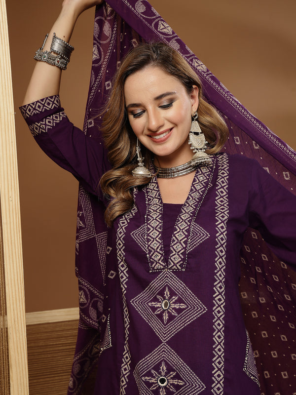 Stylum Women's Purple Bandhej Printed Cotton Straight Kurta Pant Dupatta Set (KPDPURPLESOKER)