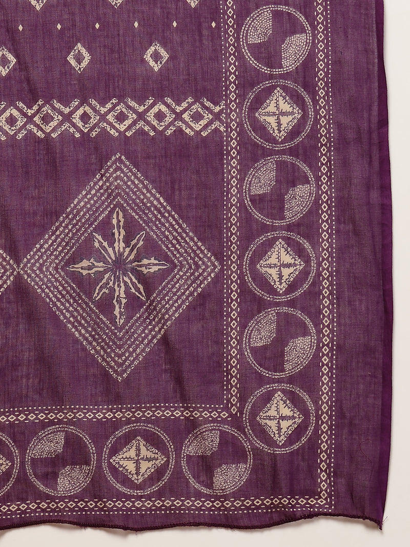 Stylum Women's Purple Bandhej Printed Cotton Straight Kurta Pant Dupatta Set (KPDPURPLESOKER)