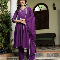 Stylum Women's Purple Solid & Embroidered A-Line Cotton Kurta Pant Dupatta Set (KPDPURPLESUMUR)
