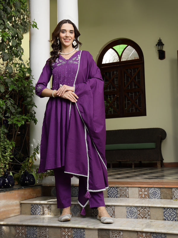 Stylum Women's Purple Solid & Embroidered A-Line Cotton Kurta Pant Dupatta Set (KPDPURPLESUMUR)