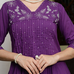 Stylum Women's Purple Solid & Embroidered A-Line Cotton Kurta Pant Dupatta Set (KPDPURPLESUMUR)
