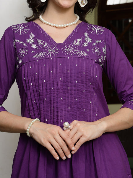 Stylum Women's Purple Solid & Embroidered A-Line Cotton Kurta Pant Dupatta Set (KPDPURPLESUMUR)