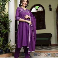 Stylum Women's Purple Solid & Embroidered A-Line Cotton Kurta Pant Dupatta Set (KPDPURPLESUMUR)