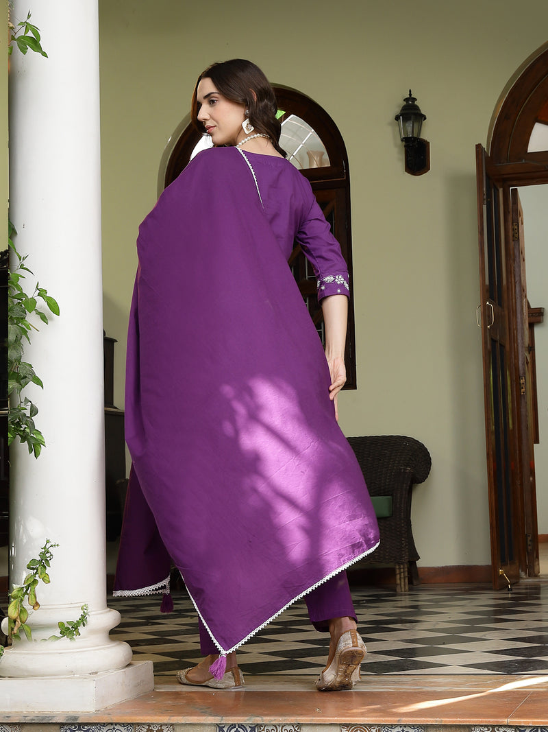 Stylum Women's Purple Solid & Embroidered A-Line Cotton Kurta Pant Dupatta Set (KPDPURPLESUMUR)