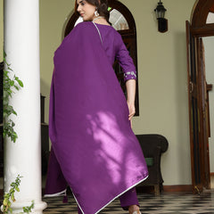 Stylum Women's Purple Solid & Embroidered A-Line Cotton Kurta Pant Dupatta Set (KPDPURPLESUMUR)