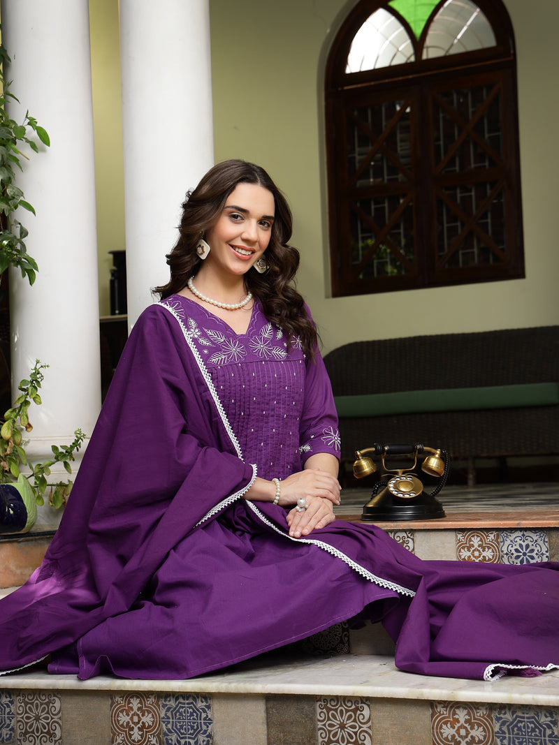 Stylum Women's Purple Solid & Embroidered A-Line Cotton Kurta Pant Dupatta Set (KPDPURPLESUMUR)
