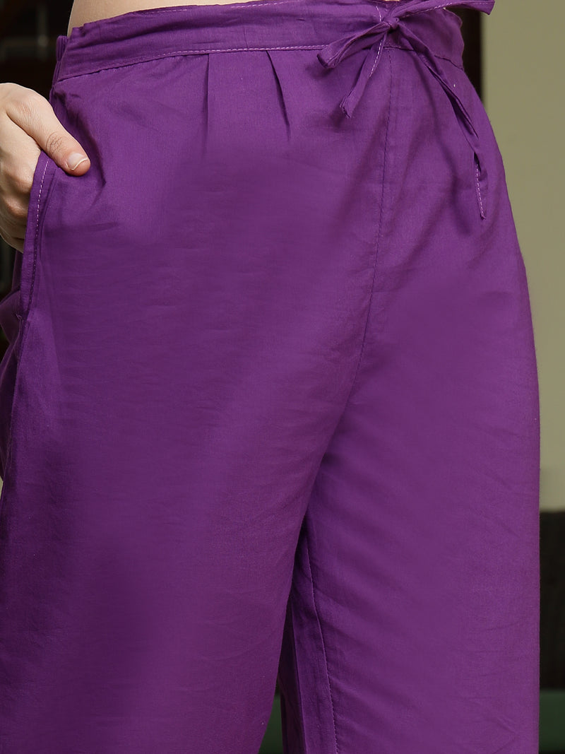 Stylum Women's Purple Solid & Embroidered A-Line Cotton Kurta Pant Dupatta Set (KPDPURPLESUMUR)