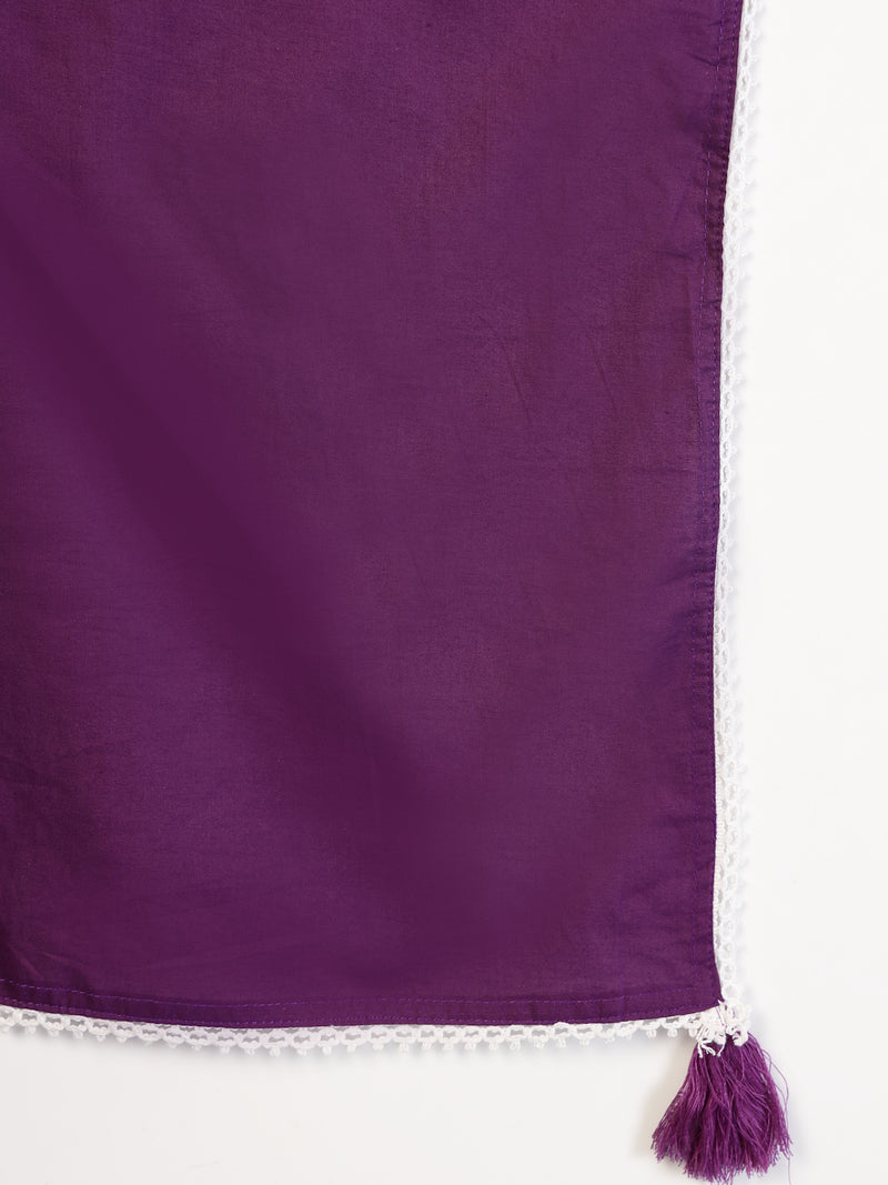 Stylum Women's Purple Solid & Embroidered A-Line Cotton Kurta Pant Dupatta Set (KPDPURPLESUMUR)