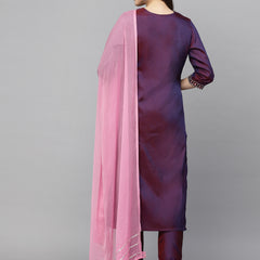 Purple Art Silk Kurta Pant Dupatta Set