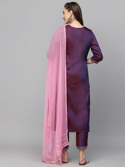 Purple Art Silk Kurta Pant Dupatta Set