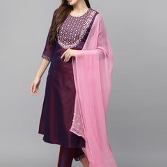 Stylum Women's Embroidered Art Silk Kurta Pant Dupatta Set (KPDPURPLETAFETA)