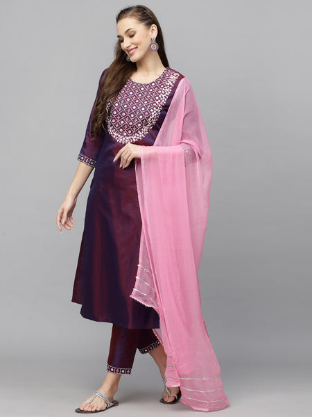 Stylum Women's Embroidered Art Silk Kurta Pant Dupatta Set (KPDPURPLETAFETA)