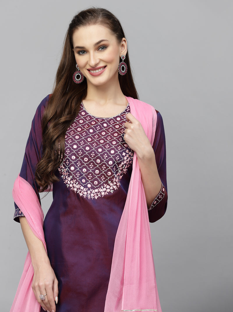 Purple Art Silk Kurta Pant Dupatta Set