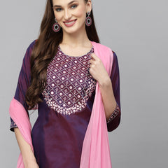 Purple Art Silk Kurta Pant Dupatta Set