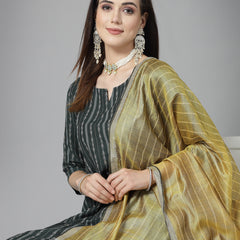 Stylum Women's Woven Design Cotton Blend Straight Kurta Pant Dupatta Set (KPDRABBITGREEN)