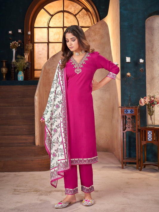 Stylum Women's Magenta Solid & Embroidered Silk Straight Kurta Pant Dupatta Set (KPDRANICAFE)