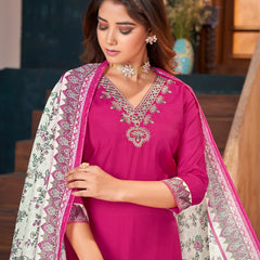 Stylum Women's Magenta Solid & Embroidered Silk Straight Kurta Pant Dupatta Set (KPDRANICAFE)