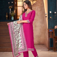 Stylum Women's Magenta Solid & Embroidered Silk Straight Kurta Pant Dupatta Set (KPDRANICAFE)