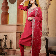 Stylum Women's Pink Solid & Embroidered Silk Blend Straight Kurta Pant Dupatta Set (KPDRANISUGAR)