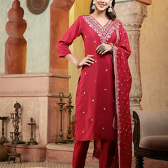 Stylum Women's Pink Solid & Embroidered Silk Blend Straight Kurta Pant Dupatta Set (KPDRANISUGAR)