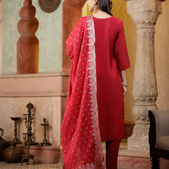Stylum Women's Pink Solid & Embroidered Silk Blend Straight Kurta Pant Dupatta Set (KPDRANISUGAR)