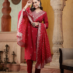 Stylum Women's Pink Solid & Embroidered Silk Blend Straight Kurta Pant Dupatta Set (KPDRANISUGAR)
