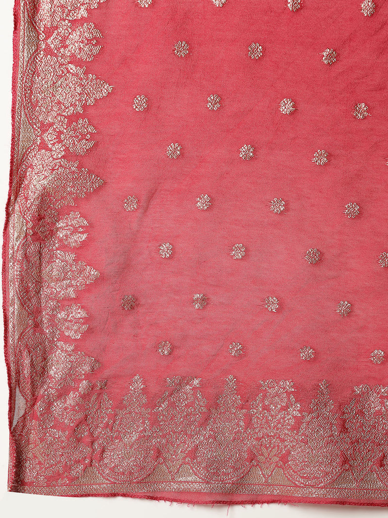 Stylum Women's Pink Solid & Embroidered Silk Blend Straight Kurta Pant Dupatta Set (KPDRANISUGAR)