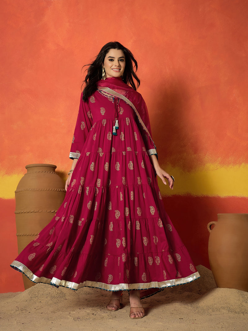 Stylum Women's Red Paisley Gold Printed Pure Cotton Anarkali Kurta Pant Dupatta Set (KPDREDANVAT)
