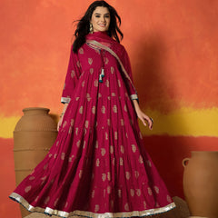 Stylum Women's Red Paisley Gold Printed Pure Cotton Anarkali Kurta Pant Dupatta Set (KPDREDANVAT)