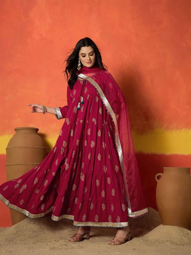 Stylum Women's Red Paisley Gold Printed Pure Cotton Anarkali Kurta Pant Dupatta Set (KPDREDANVAT)