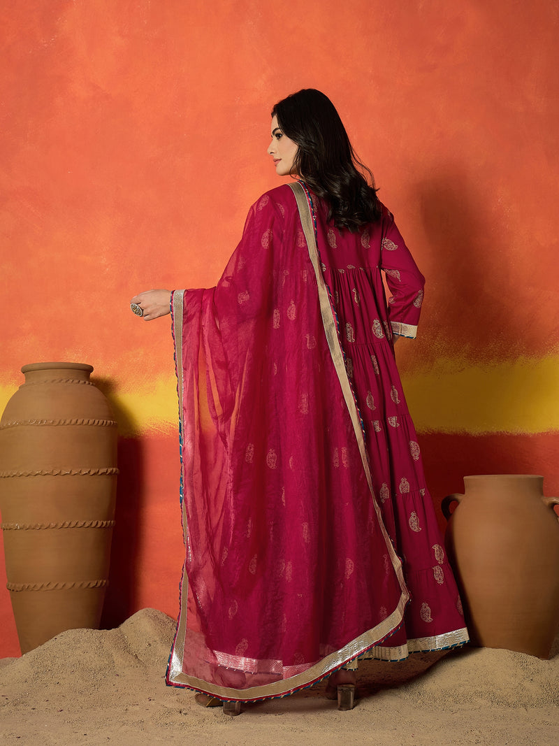 Stylum Women's Red Paisley Gold Printed Pure Cotton Anarkali Kurta Pant Dupatta Set (KPDREDANVAT)