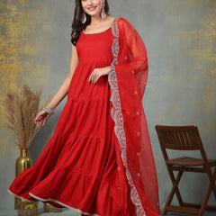 Stylum Women's Red Solid Rayon Tiered Kurta Pant Dupatta Set (KPDREDBAR)